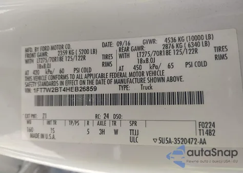 2017 Ford F-250 Xl z USA, uszkodzony, nr VIN 1FT7W2BT4HEB26859